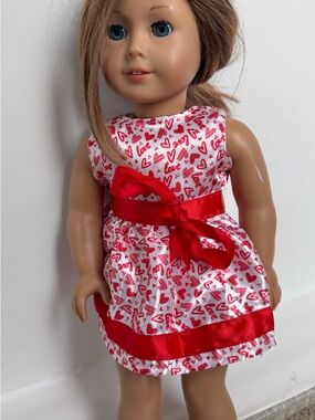 American Girl 18” Doll is Red Heart Print Doll Dress with Satin Bow